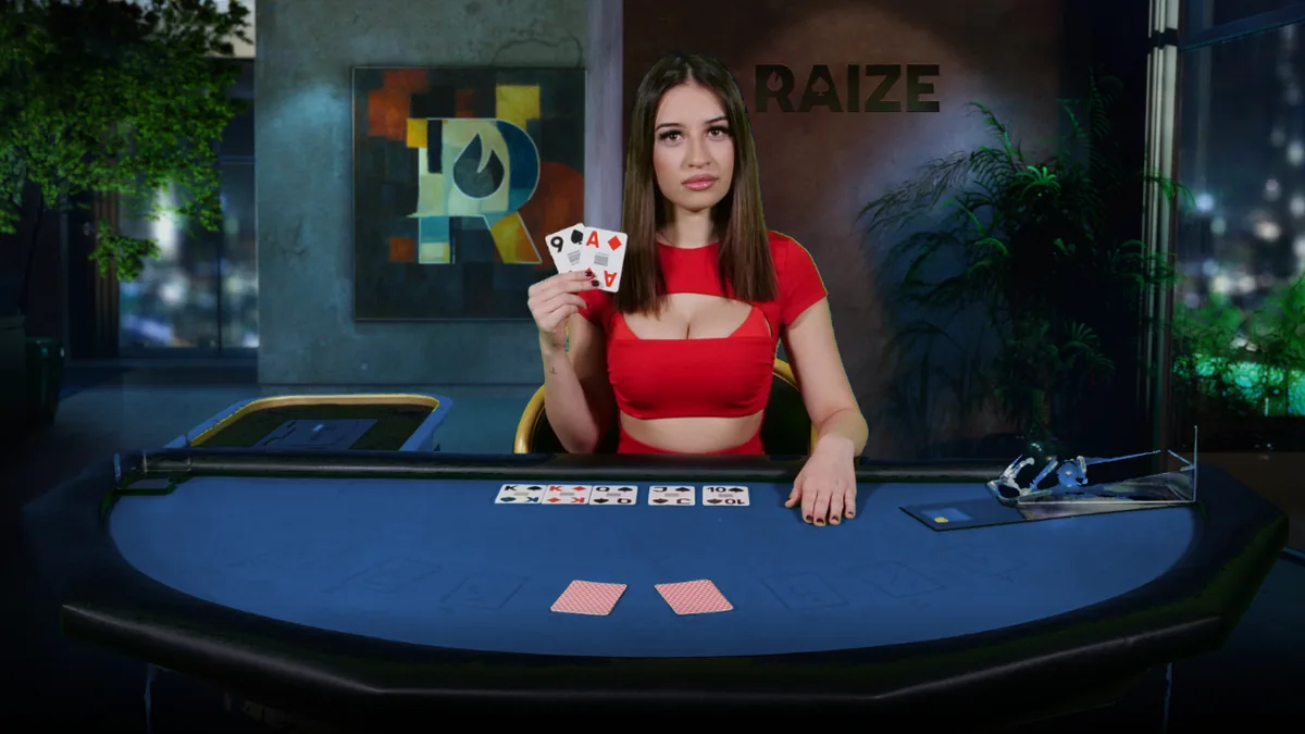 Dealer pictured behind a blue poker table